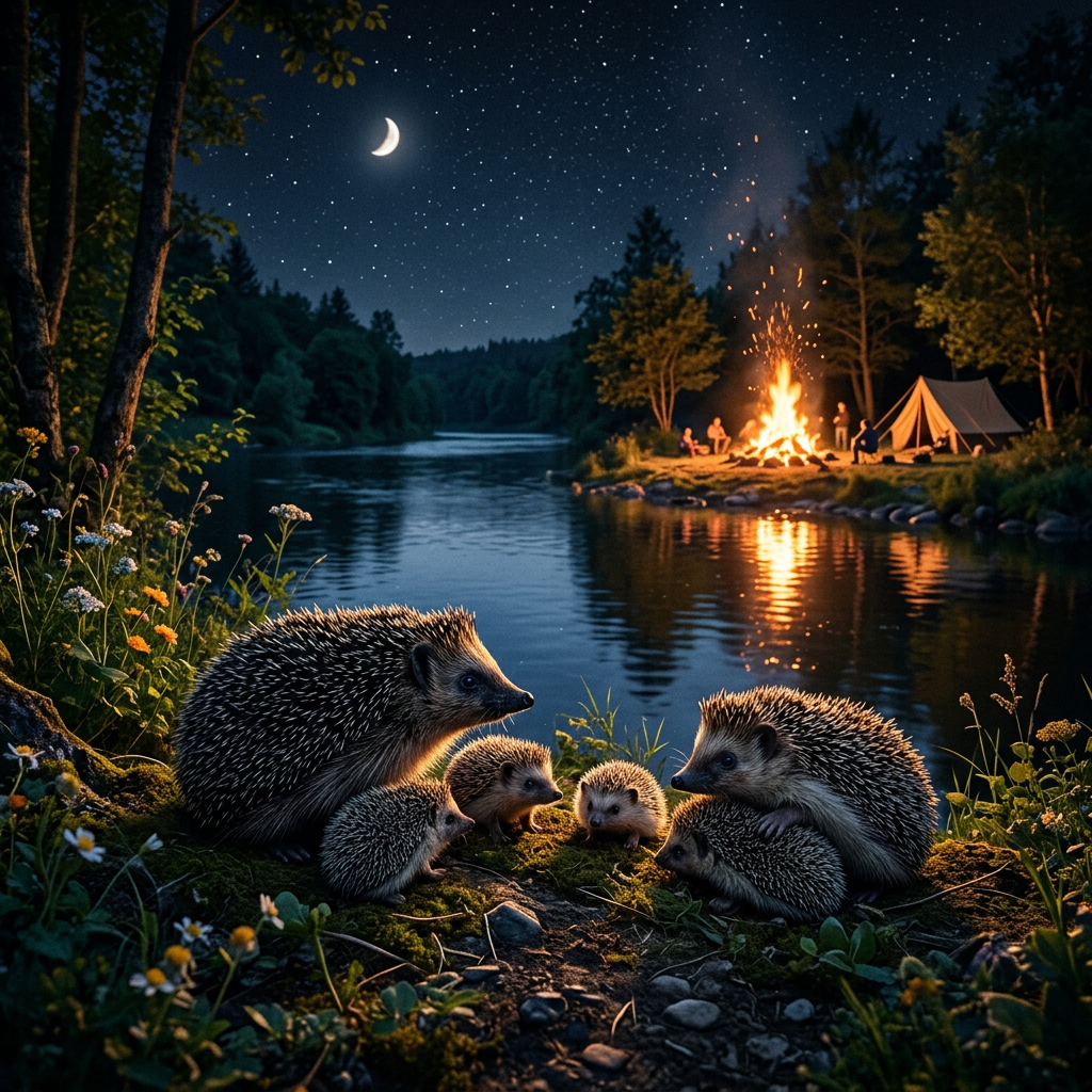 Hedgehog family on a riverbank at night with campers and a fire in the background