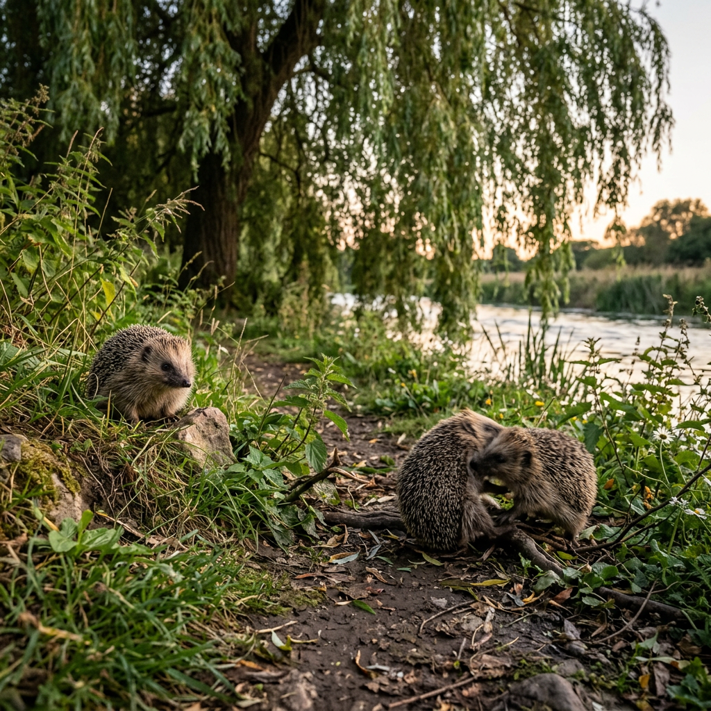 Three hedgehogs near a riverbank path with plants and trees at dusk