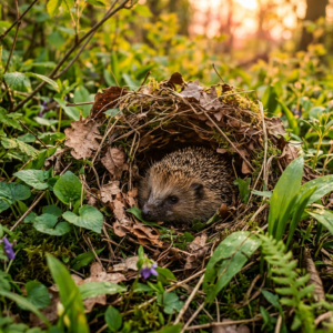 Hedgehog sheltering in leaf nest Hedgehog curled up inside a nest of dry leaves and twigs surrounded by green plants