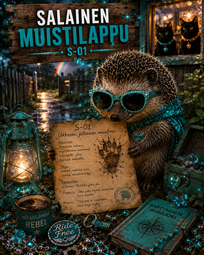 m'Emmi, Hellulandian glitter-maskottisiili, tutkii ukkosen jälkeisessä hämärässä salaisen muistilapun S-01. Muistilapussa on suuri siilinjälki ja havainto aidan takaa löytyneestä mystisestä kulkijasta. Taustalla näkyvät märkä puutarha, sateen jälkeiset lätäköt sekä ikkunasta tarkkailevat mustat pajakissat Norris ja Pirppu'u.