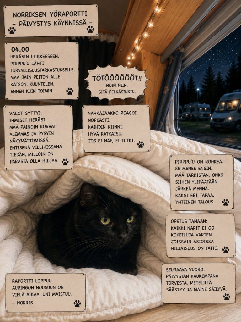 Pirppu’u asuntoauton ohjaamossa Kalajoen matkaparkissa KR Strapsin Pajakissojen kenttäraportissa