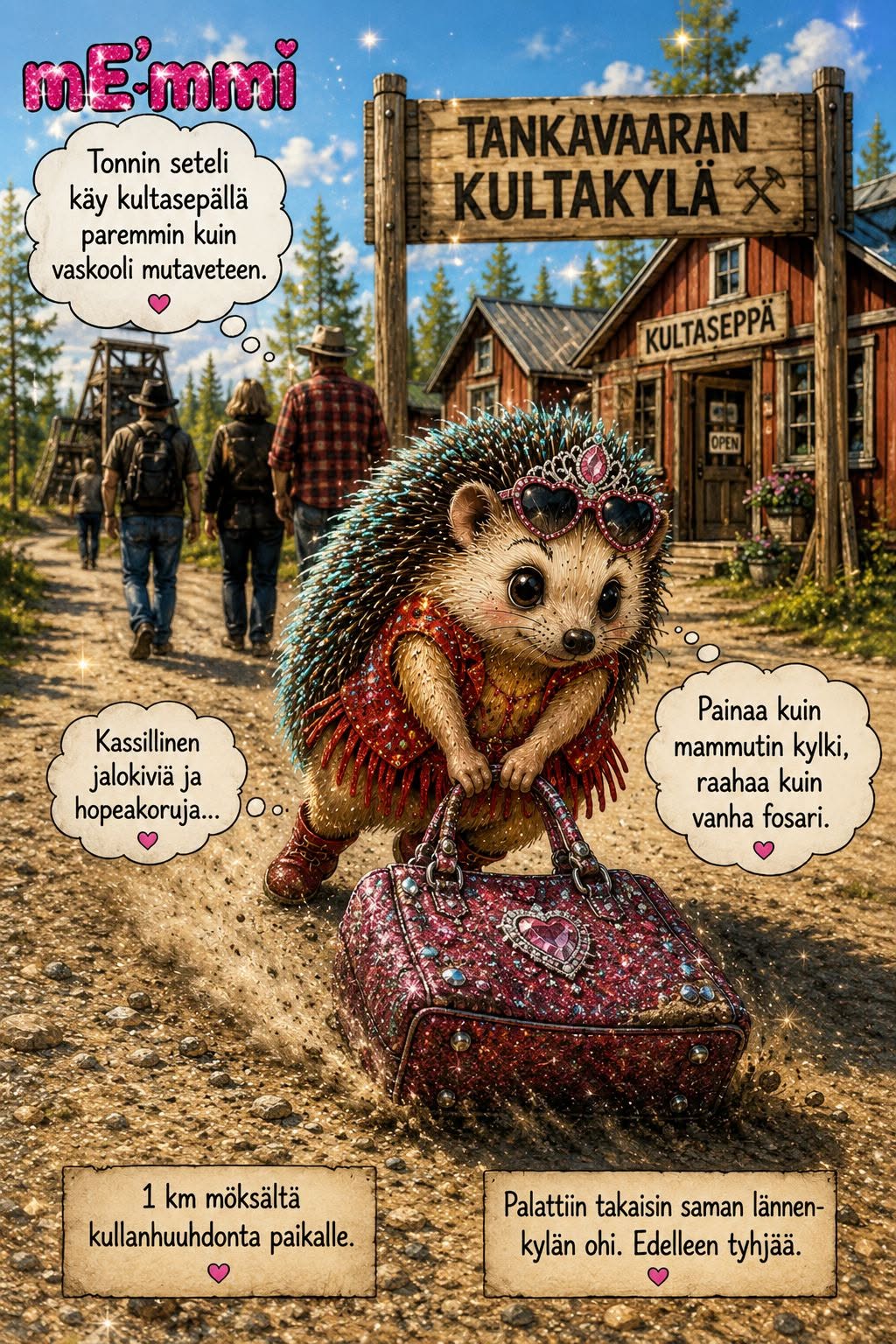 mE’mmi raahaa kassillista Tankavaaran Kultakylästä ostettuja jalokiviä matkalla kullanhuuhdontaan Lapissa.