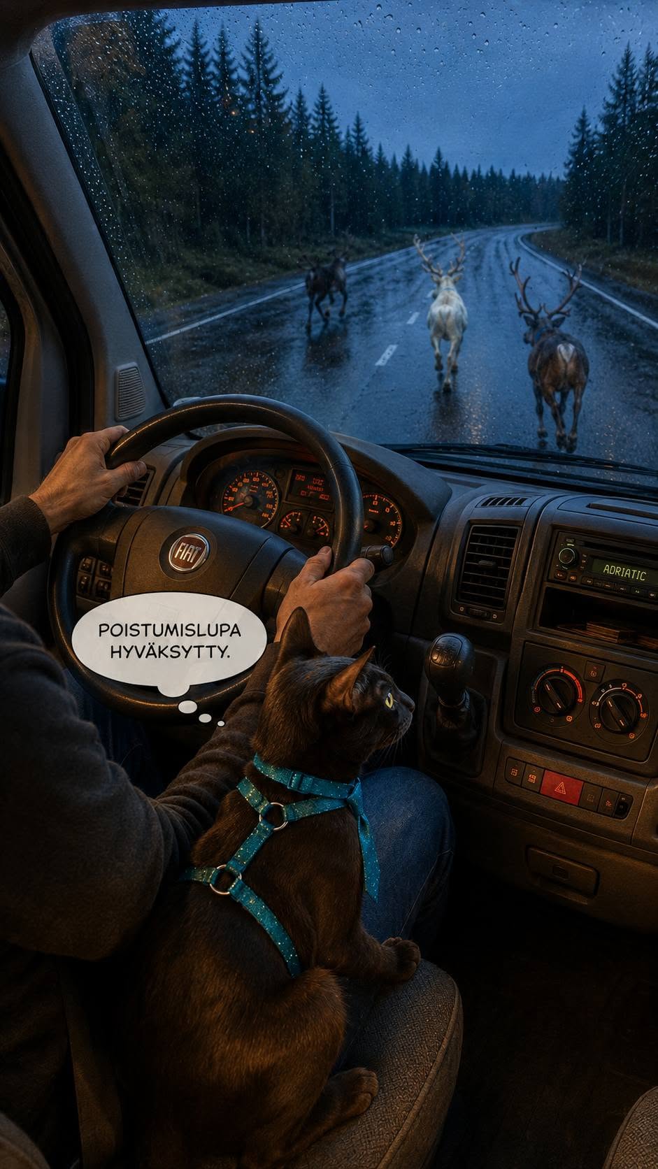 Kuvitus mE'mmin päiväkirjaan, jossa suuri valkoinen poro johdattaa Möksää ja Kotiloa pois Saariselältä. Mukana matkustavat mE'mmi, Pajakissat ja Hellulandian väki kotimatkalla Lapista.