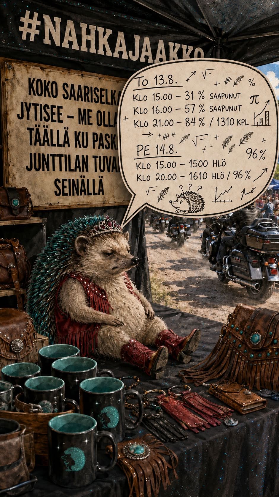 Hellulandian mE’mmi Jänkhällä Jytisee 2026 -moottoripyörätapahtuman myyntiteltalla Saariselällä sateisena lauantaina.
