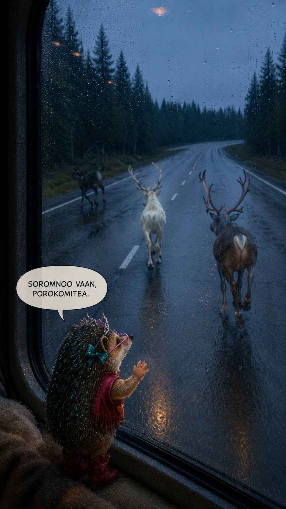 Valkoinen poro juoksee Saariselän tunturitiellä asuntoauton edellä sateisena elokuun iltana.