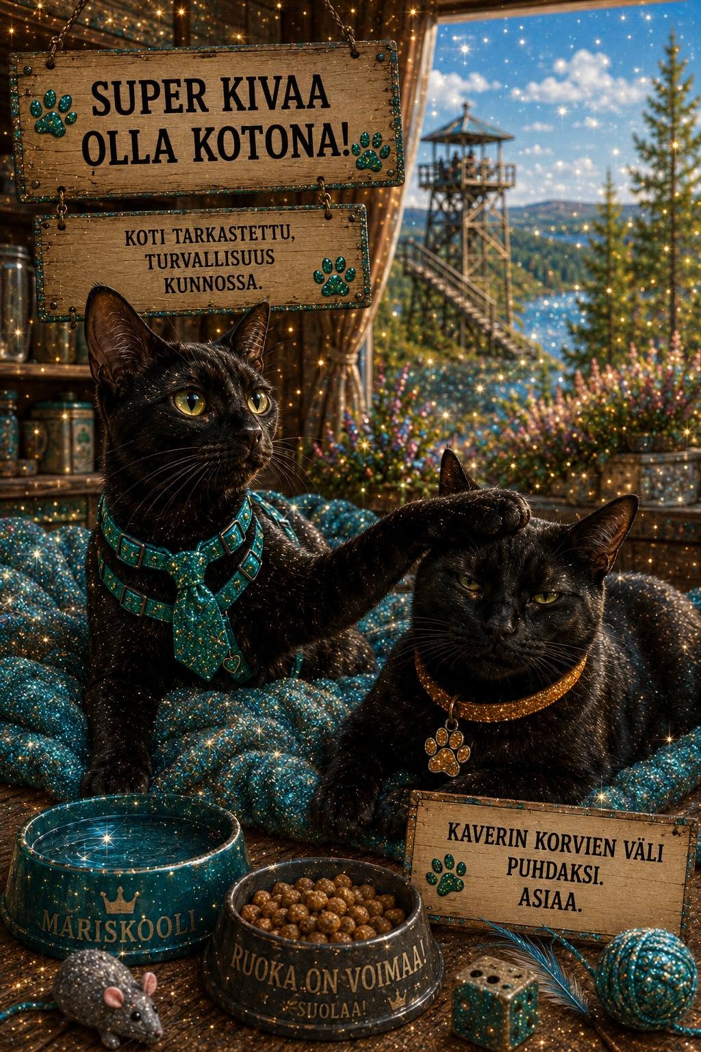 Pirppu'u kävelee turkoosit valjaat päällä Lapin luonnossa ja tarkkailee ympäristöä kenttäpartiolla.