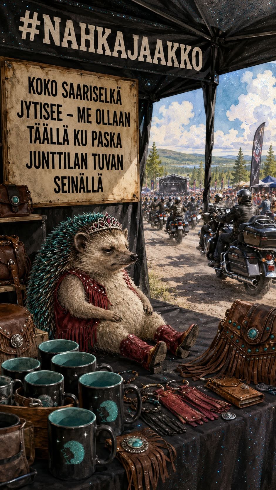 Hellulandian mE’mmi Jänkhällä Jytisee 2026 -moottoripyörätapahtuman myyntiteltalla Saariselällä sateisena lauantaina.