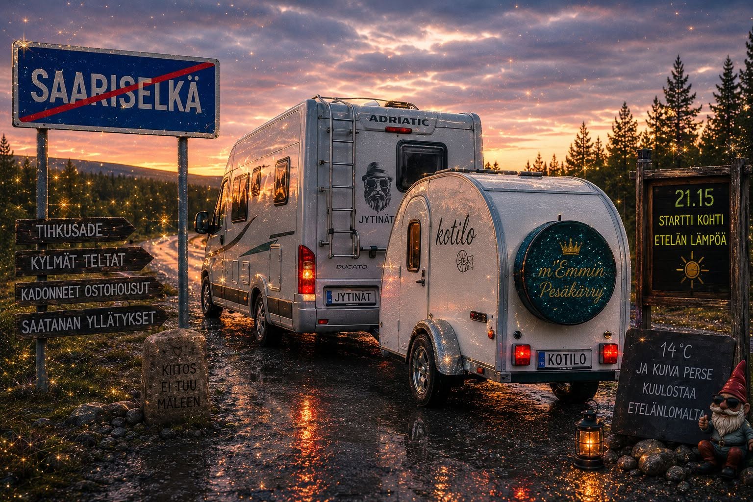 Möksä-asuntoauto ja Kotilo-pesäkärry lähtevät illalla Saariselältä kohti etelää Jänkhällä Jytisee -tapahtuman jälkeen.