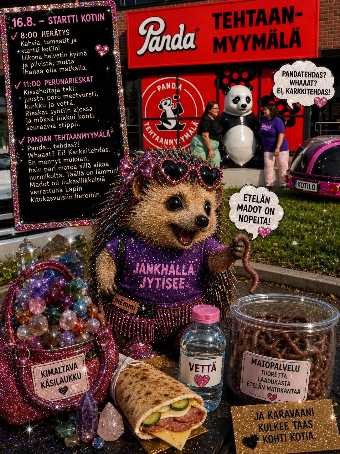 Pandatehdas, nopeat madot ja jalokivet – mE’mmin päiväkirja 16.8.2026 mE’mmi Jyväskylän Vaajakoskella Pandan tehtaanmyymälän lähellä kotimatkalla Lapista jalokivilaukkunsa kanssa