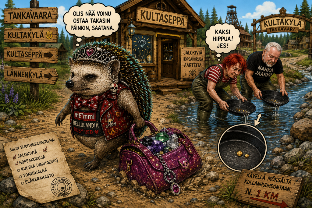 mE’mmi raahaa kassillista Tankavaaran Kultakylästä ostettuja jalokiviä matkalla kullanhuuhdontaan Lapissa.