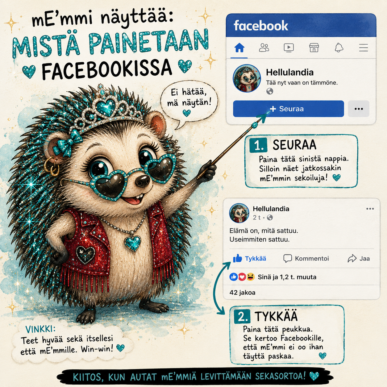 mE’mmi näyttää, mistä Hellulandian Instagramissa painetaan Seuraa-, Tykkää-, Kommentoi-, Jaa- ja Tallenna-painikkeita.