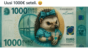 Hellulandian Ökypaperi 1000 -seteli mE'mmin kuvalla