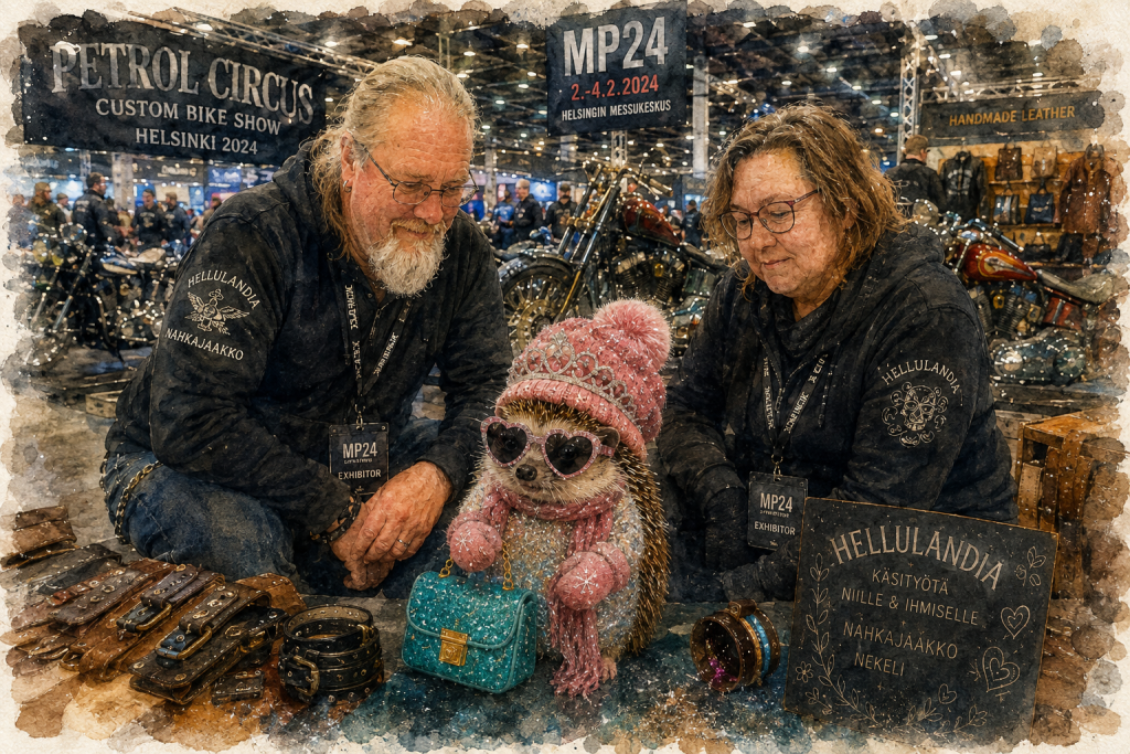 Hellulandian mE'mmi ensimmäisessä isossa show’ssaan Petrol Circus MP24 -tapahtumassa vuonna 2024, sydänlasit, tiara, pipo, lapaset ja turkoosi glitterlaukku mukanaan.