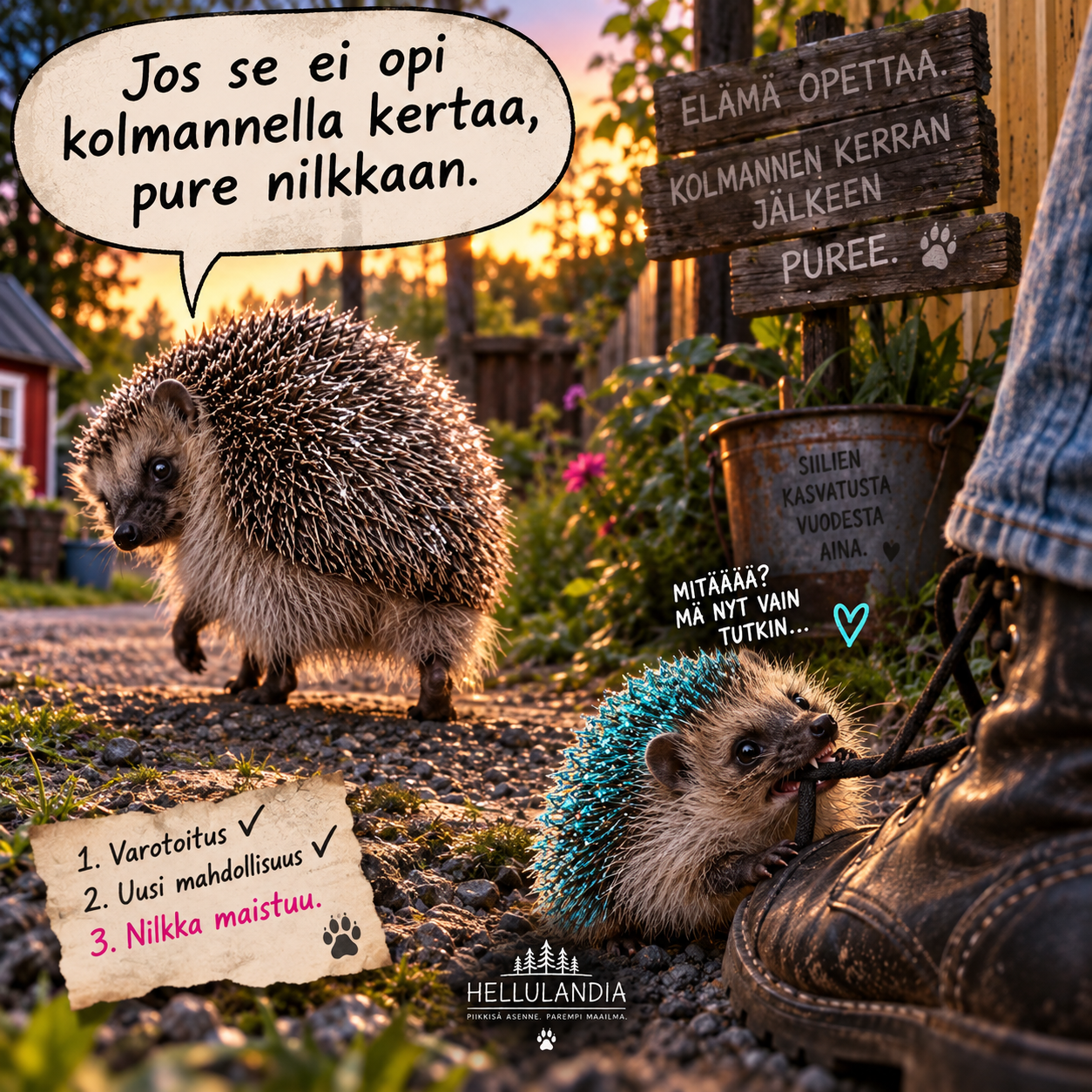 Äippäsiili vanhempi siilirouva valkoinen maha hopeanharmaat piikit puree nilkkaan