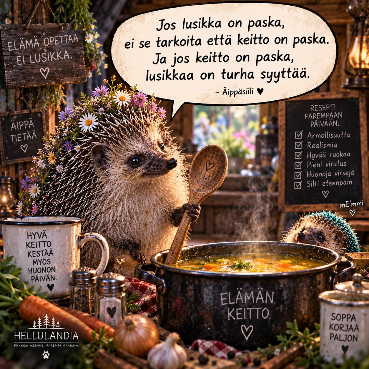 Äippäsiili keittokulhon kanssa lusikka kädessä HELLULANDIA mökissä