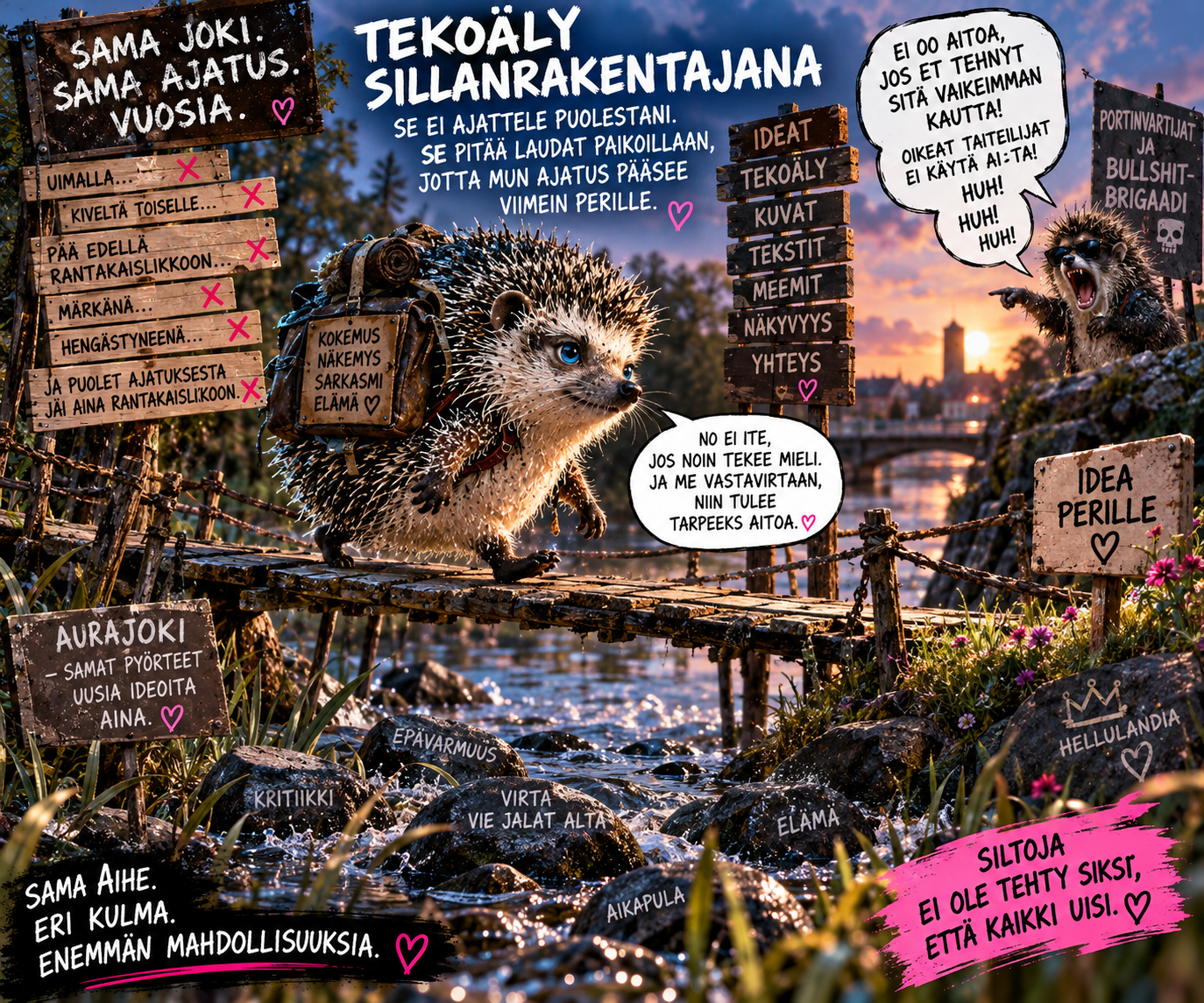Äippäsiili siniset silmät kukat piikeissä ja mE'mmi turkoosi kimalle sydäntiara aurinkolasit nahkaliivi sillalla joen yli - tekoäly silta meemi
