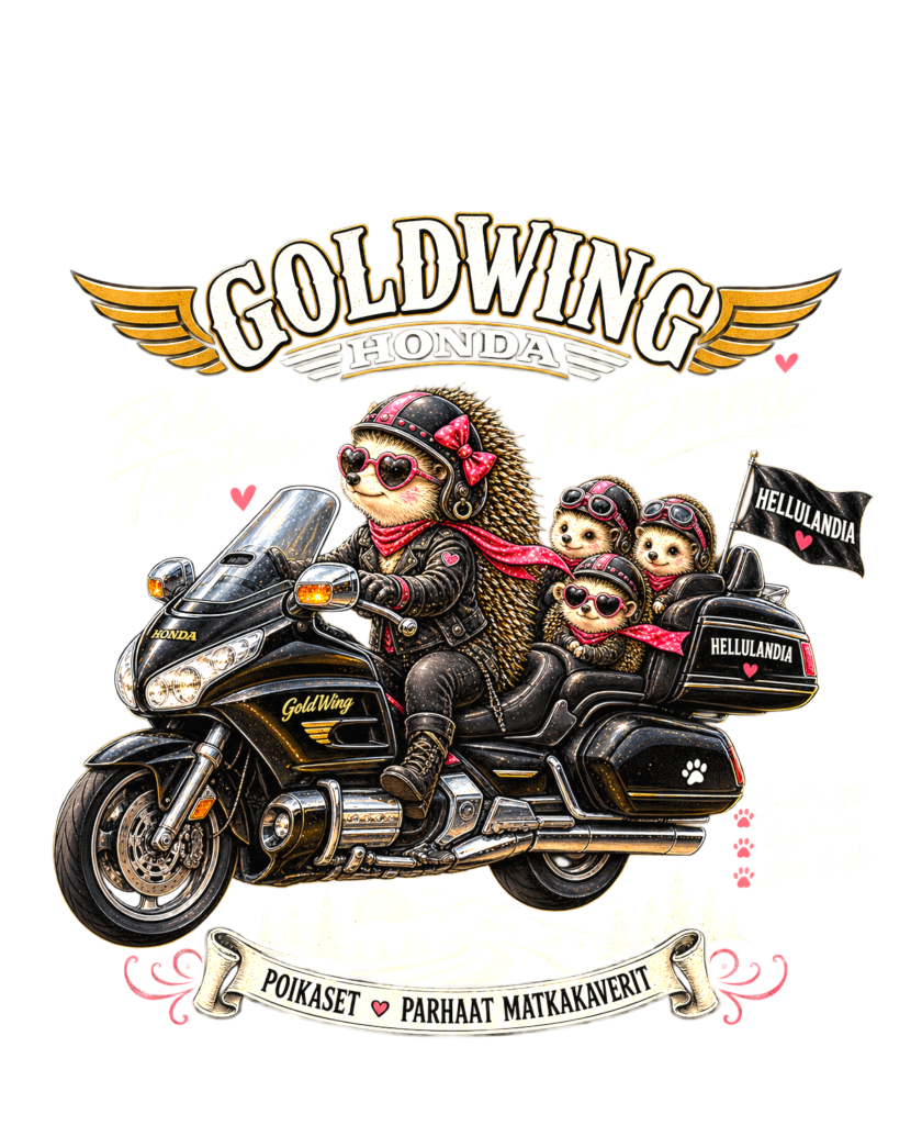 Hellulandian mE'mmi GoldWing Club Finlandin International Finnish Goldwing Rally 2025 -tapahtumassa Ellivuoressa, taustalla Honda Gold Wing -moottoripyörä ja Vammalan lippuparaati.