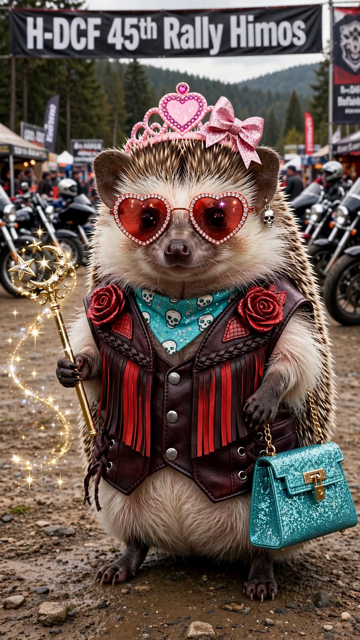 Hellulandian mE'mmi H-DCF 45th Rally Himos 2025 -tapahtumassa sydänlaseissa, tiarassa ja turkoosin glitterlaukun kanssa Harley-Davidson-moottoripyörien keskellä.