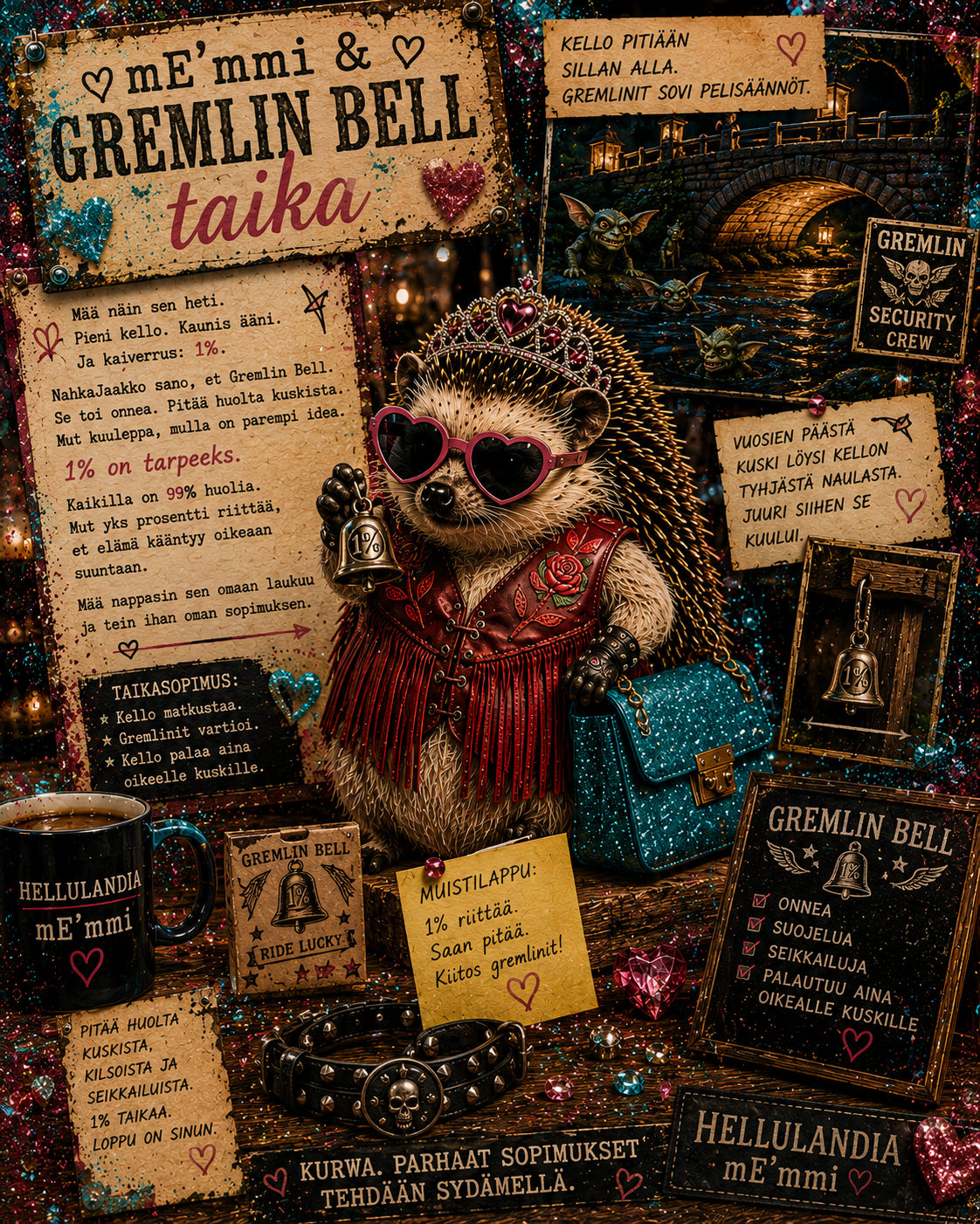 gremlin bell taika ja mEmmi hellulandia kihveliralli 2025 Hellulandian mE'mmi pitelee 1 % Gremlin Bell -kelloa turkoosin glitterlaukkunsa vieressä, taustalla sillan alla vaanivat gremlinit.
