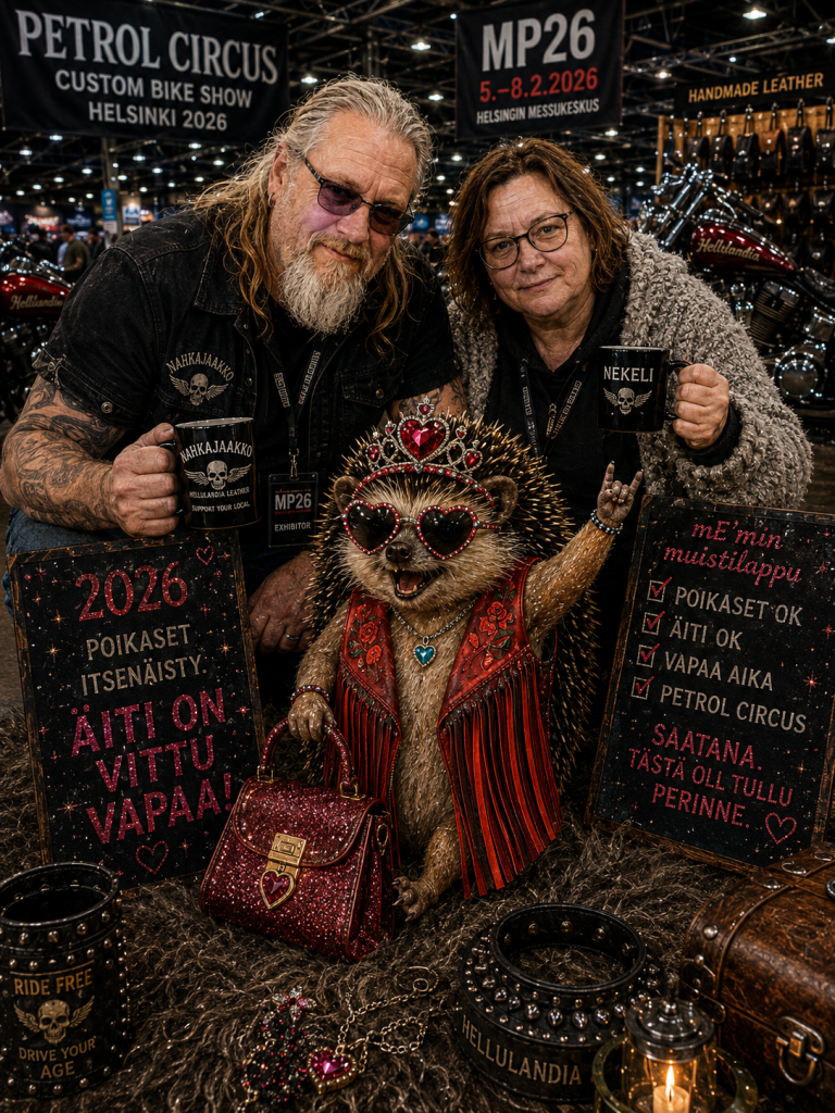 Hellulandian mE'mmi saa Tomasilta Ledmarin Ruby Red -hapsunahkaliivin Petrol Circus 2026 -messuviikonloppuna.