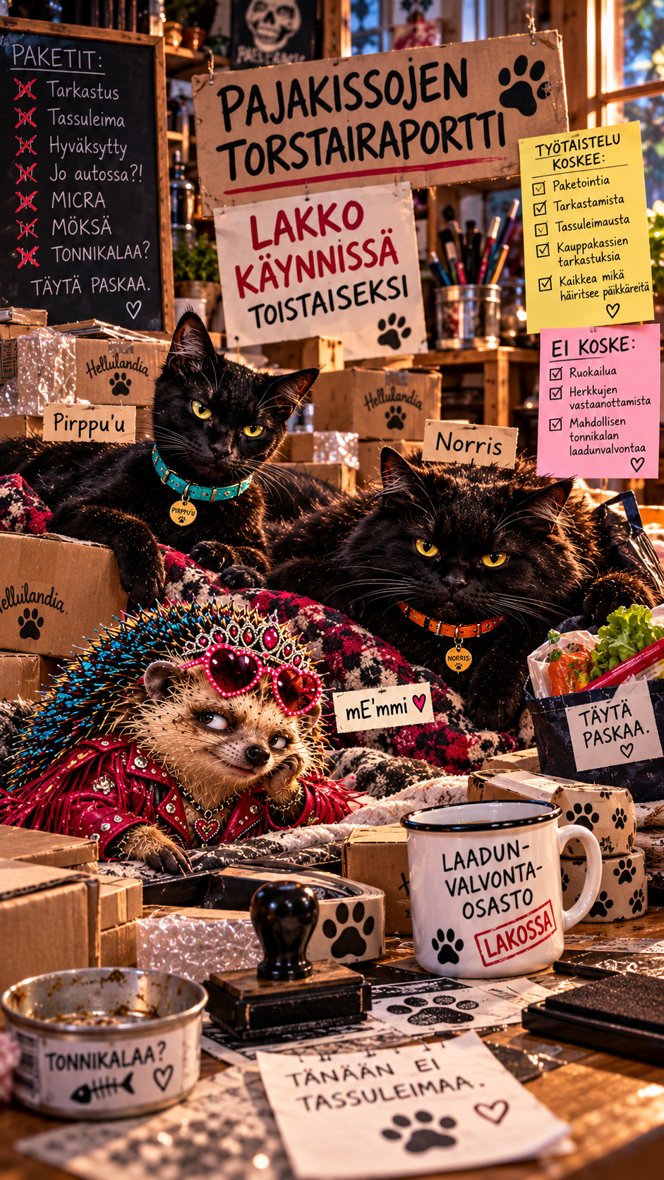 Kissojen ja siilin lakko pakkaamossa
